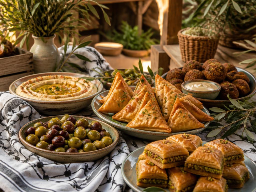 En hyggelig bod med samosas, falafel, hummus, baklava og friske oliven